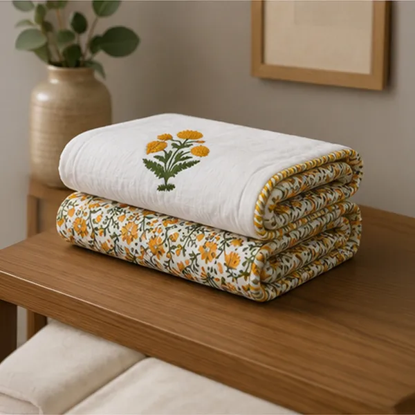 Genda_Phool_Reversible_Dohar_Set_Of_2_Single_60x90_Cotton_Mulmul_Ac_Dohar_Combo_With_Yellow_Marigold_Booti_Mustard_Jaal_House_Of_Virasaat