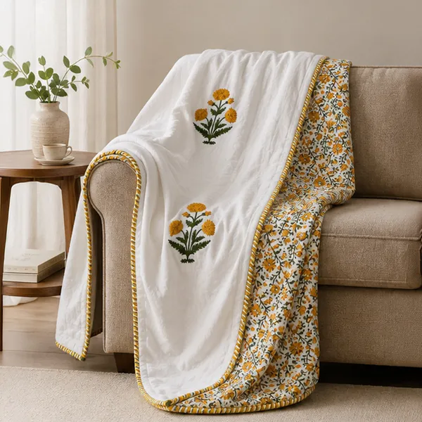 Genda_Phool_Reversible_Dohar_Set_Of_2_Single_60x90_Cotton_Mulmul_Ac_Dohar_Combo_With_Yellow_Marigold_Booti_Mustard_Jaal_House_Of_Virasaat
