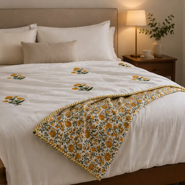 Genda_Phool_Reversible_Dohar_Set_Of_2_Single_60x90_Cotton_Mulmul_Ac_Dohar_Combo_With_Yellow_Marigold_Booti_Mustard_Jaal_House_Of_Virasaat
