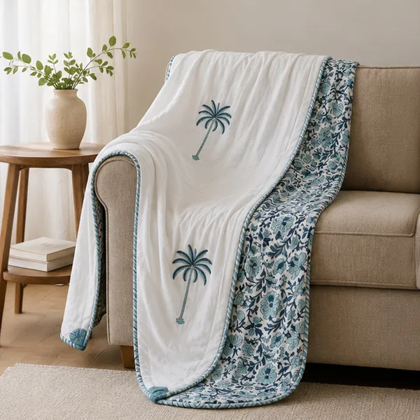 Tropical_Palm_Reversible_Dohar_Set_Of_2_Single_60x90_Cotton_Mulmul_Ac_Dohar_Combo_With_Palm_Booti_Blue_Floral_Jaal_House_Of_Virasaat