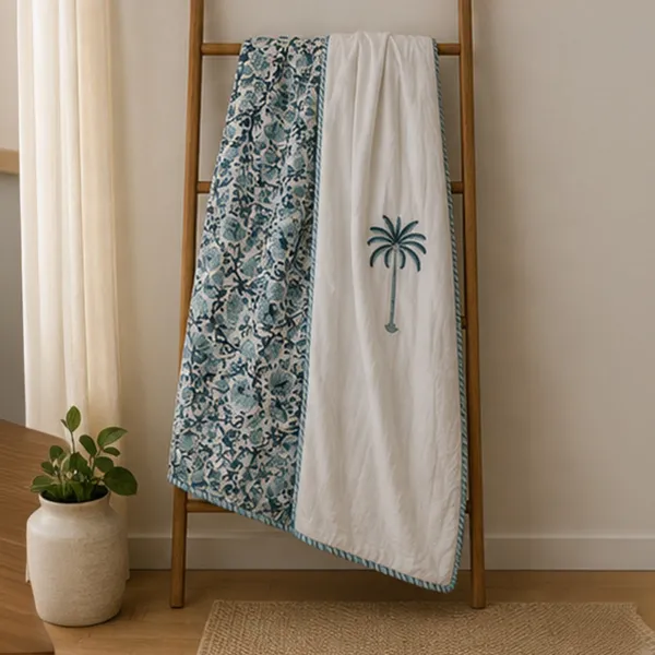 Tropical_Palm_Reversible_Dohar_Set_Of_2_Single_60x90_Cotton_Mulmul_Ac_Dohar_Combo_With_Palm_Booti_Blue_Floral_Jaal_House_Of_Virasaat