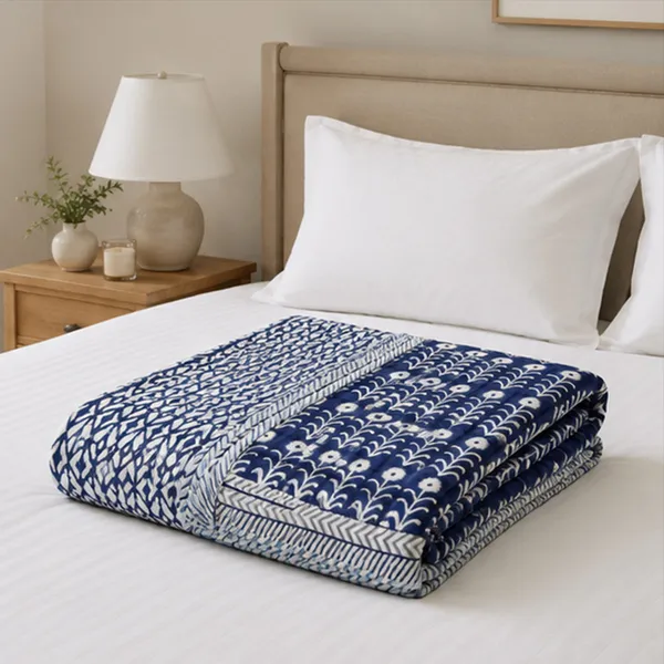 Neel_Phool_Reversible_Dohar_Set_Of_2_Single_60x90_Cotton_Mulmul_Ac_Dohar_Combo_Indigo_Blue_Floral_Buti_House_Of_Virasaat