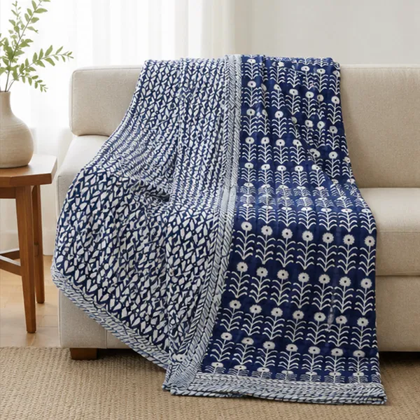 Neel_Phool_Reversible_Dohar_Set_Of_2_Single_60x90_Cotton_Mulmul_Ac_Dohar_Combo_Indigo_Blue_Floral_Buti_House_Of_Virasaat