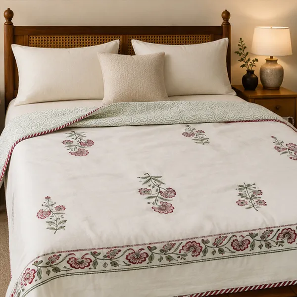 Laal_Bagh_Reversible_Dohar_Double_90x108_Cotton_Mulmul_Ac_Dohar_With_Pink_Floral_Booti_Sage_Jaal_House_Of_Virasaat