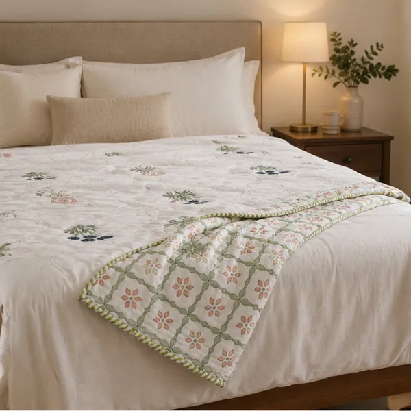 Phool_Jaal_Reversible_Dohar_Double_90x108_Cotton_Mulmul_Ac_Dohar_With_Indigo_Marigold_Booti_Green_Lattice_House_Of_Virasaat