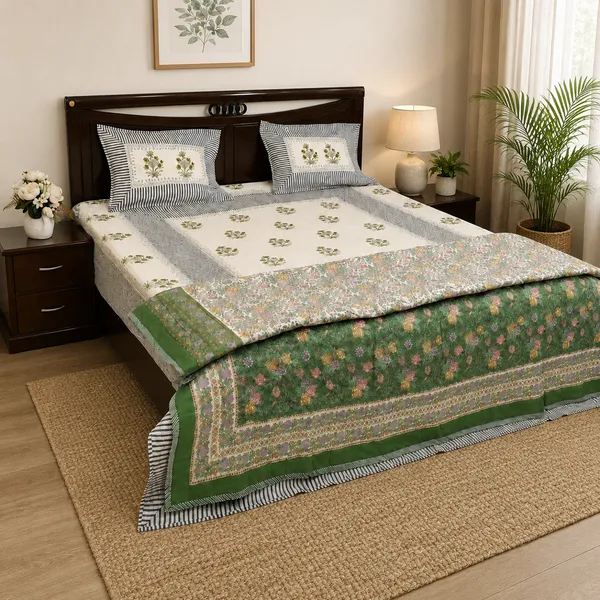 Hara_Bagh_Reversible_Razai_Double_King_Size_White_Green_Jaipuri_Razai_With_Chintz_Rose_Border_House_Of_Virasaat