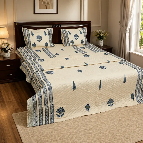 Neel_Kamal_Reversible_Razai_Double_King_Size_Off_White_Indigo_Blue_Jaipuri_Razai_With_Lotus_Cypress_Print_House_Of_Virasaat