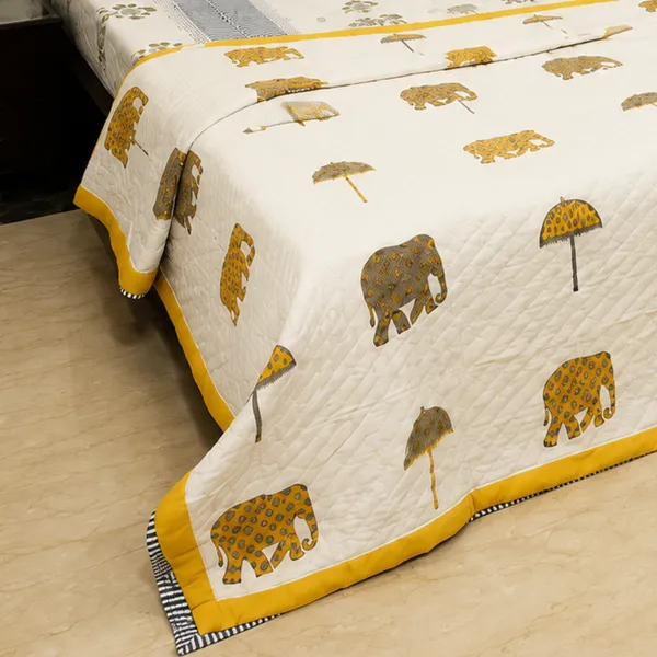 Hathi_Chhatri_Reversible_Razai_Double_King_Size_White_Mustard_Yellow_Jaipuri_Razai_With_Elephant_Umbrella_Print_House_Of_Virasaat