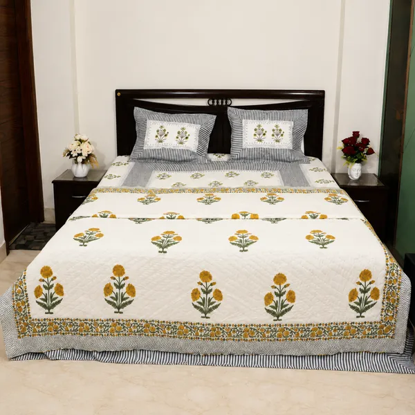 Genda_Phool_Reversible_Razai_Double_King_Size_White_Mustard_Yellow_Jaipuri_Razai_With_Marigold_Print_Chevron_Border_House_Of_Virasaat