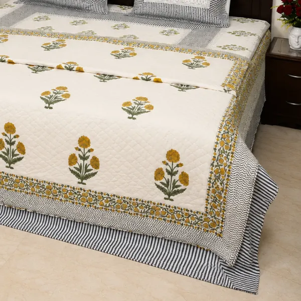 Genda_Phool_Reversible_Razai_Double_King_Size_White_Mustard_Yellow_Jaipuri_Razai_With_Marigold_Print_Chevron_Border_House_Of_Virasaat