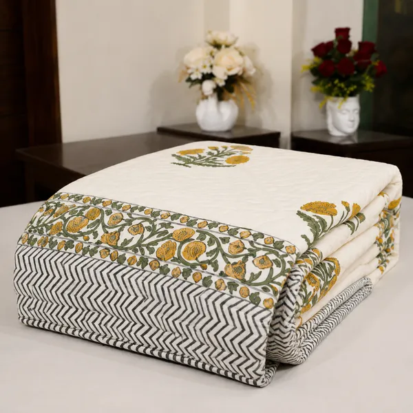 Genda_Phool_Reversible_Razai_Double_King_Size_White_Mustard_Yellow_Jaipuri_Razai_With_Marigold_Print_Chevron_Border_House_Of_Virasaat