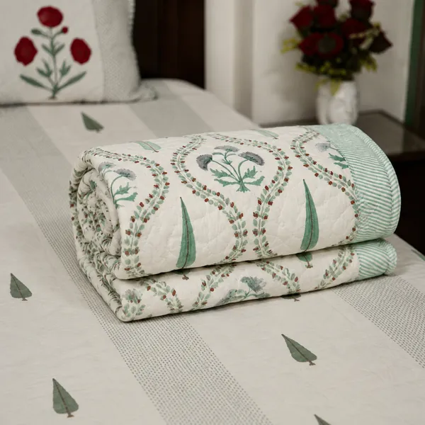 Bagh_E_Jaali_Reversible_Razai_Double_King_Size_White_Sage_Green_Jaipuri_Razai_With_Cypress_Thistle_Jaal_House_Of_Virasaat