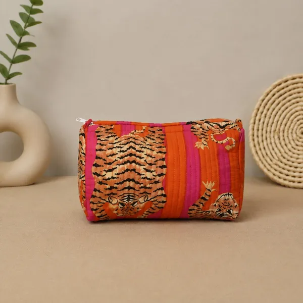 Sher_Bagh_Quilted_Pouch_Tangerine_Hot_Pink_Striped_Cotton_Toiletry_Bag_With_Tiger_Block_Print_House_Of_Virasaat