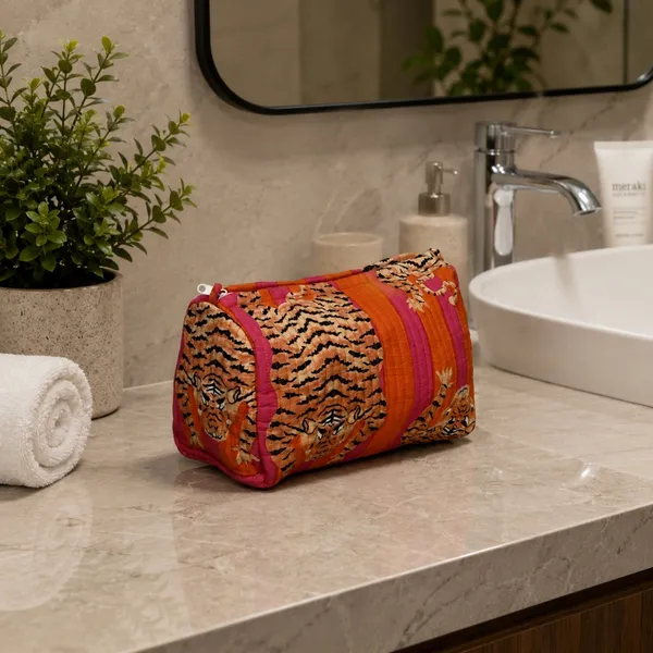 Sher_Bagh_Quilted_Pouch_Tangerine_Hot_Pink_Striped_Cotton_Toiletry_Bag_With_Tiger_Block_Print_House_Of_Virasaat