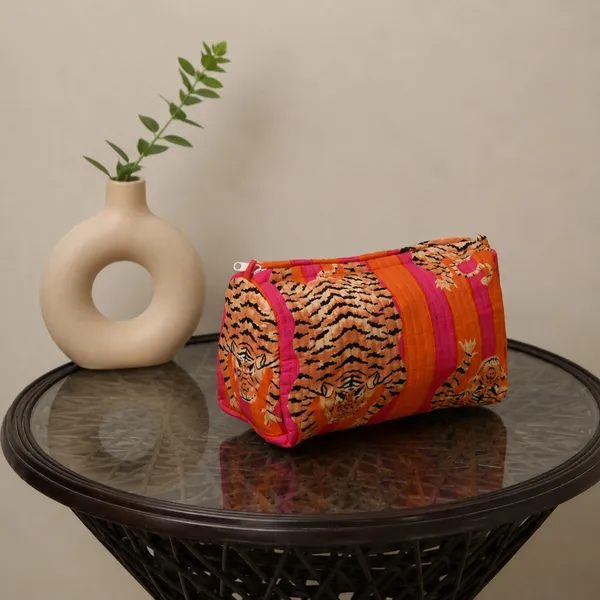 Sher_Bagh_Quilted_Pouch_Tangerine_Hot_Pink_Striped_Cotton_Toiletry_Bag_With_Tiger_Block_Print_House_Of_Virasaat