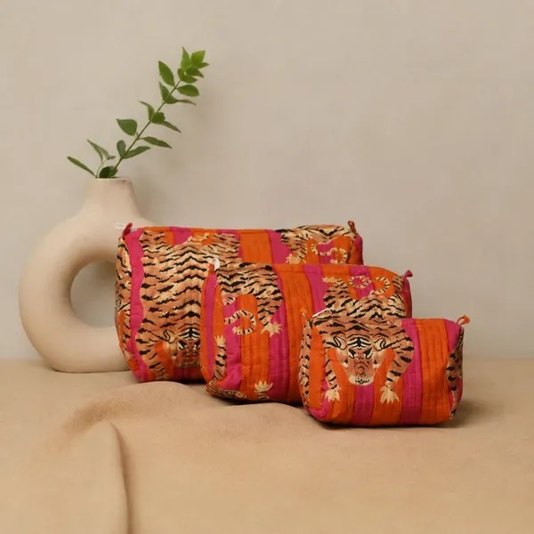 Sher_Bagh_Quilted_Pouch_Tangerine_Hot_Pink_Striped_Cotton_Toiletry_Bag_With_Tiger_Block_Print_House_Of_Virasaat