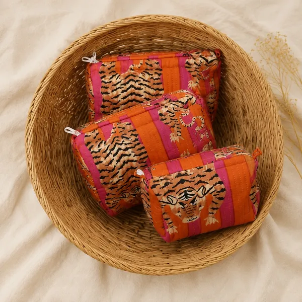 Sher_Bagh_Quilted_Pouch_Tangerine_Hot_Pink_Striped_Cotton_Toiletry_Bag_With_Tiger_Block_Print_House_Of_Virasaat