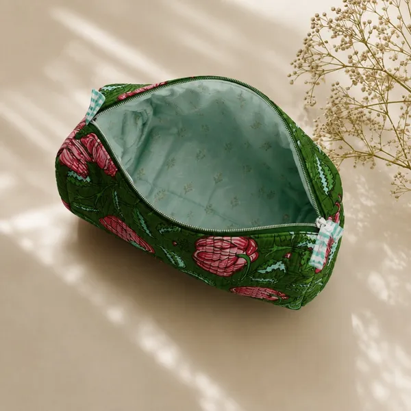 Gul_Bagh_Quilted_Pouch_Set_Of_3_Leaf_Green_Cotton_Travel_Organizer_With_Pink_Anar_Floral_Jaal_House_Of_Virasaat