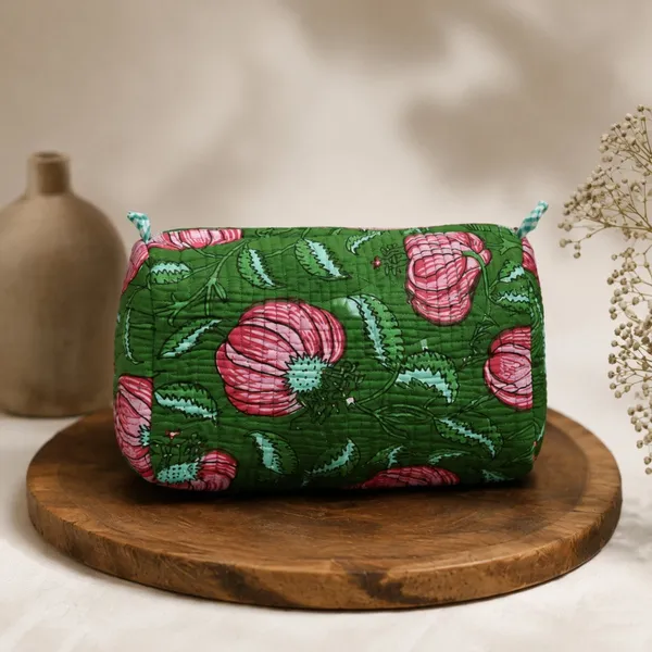 Gul_Bagh_Quilted_Pouch_Set_Of_3_Leaf_Green_Cotton_Travel_Organizer_With_Pink_Anar_Floral_Jaal_House_Of_Virasaat
