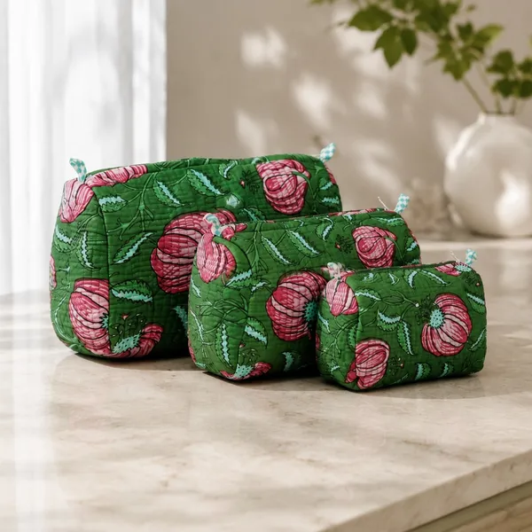 Gul_Bagh_Quilted_Pouch_Set_Of_3_Leaf_Green_Cotton_Travel_Organizer_With_Pink_Anar_Floral_Jaal_House_Of_Virasaat