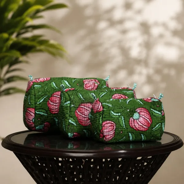 Gul_Bagh_Quilted_Pouch_Set_Of_3_Leaf_Green_Cotton_Travel_Organizer_With_Pink_Anar_Floral_Jaal_House_Of_Virasaat