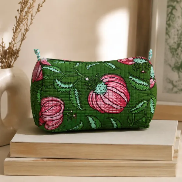 Gul_Bagh_Quilted_Pouch_Set_Of_3_Leaf_Green_Cotton_Travel_Organizer_With_Pink_Anar_Floral_Jaal_House_Of_Virasaat