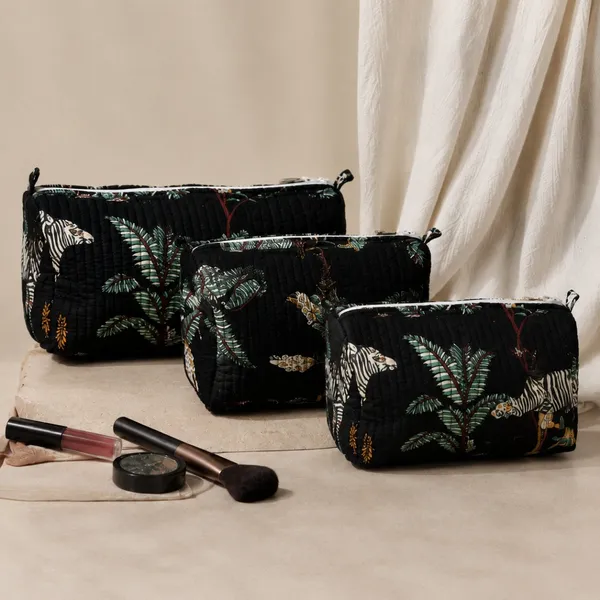 Noir_Jungle_Quilted_Travel_Pouch_Set_Of_3_Black_Cotton_Toiletry_Makeup_Organizer_With_Zebra_Palm_Print_House_Of_Virasaat