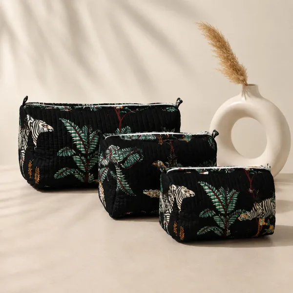 Noir_Jungle_Quilted_Travel_Pouch_Set_Of_3_Black_Cotton_Toiletry_Makeup_Organizer_With_Zebra_Palm_Print_House_Of_Virasaat