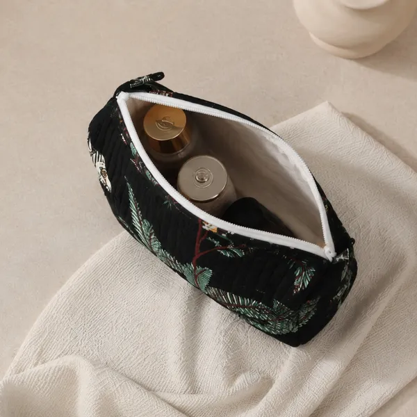 Noir_Jungle_Quilted_Travel_Pouch_Set_Of_3_Black_Cotton_Toiletry_Makeup_Organizer_With_Zebra_Palm_Print_House_Of_Virasaat