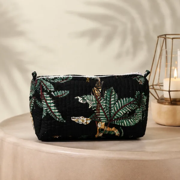 Noir_Jungle_Quilted_Travel_Pouch_Set_Of_3_Black_Cotton_Toiletry_Makeup_Organizer_With_Zebra_Palm_Print_House_Of_Virasaat