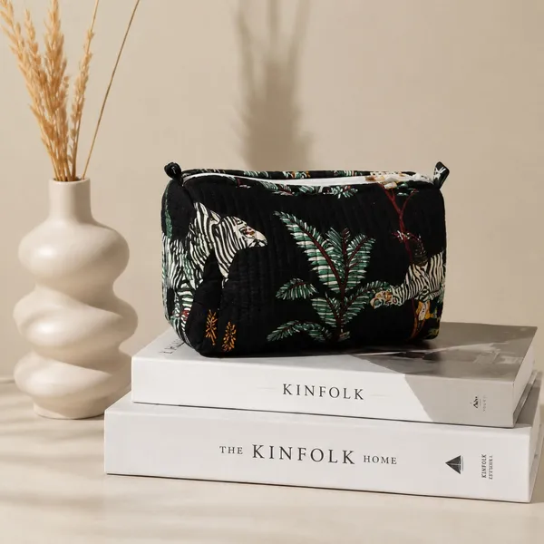 Noir_Jungle_Quilted_Travel_Pouch_Set_Of_3_Black_Cotton_Toiletry_Makeup_Organizer_With_Zebra_Palm_Print_House_Of_Virasaat
