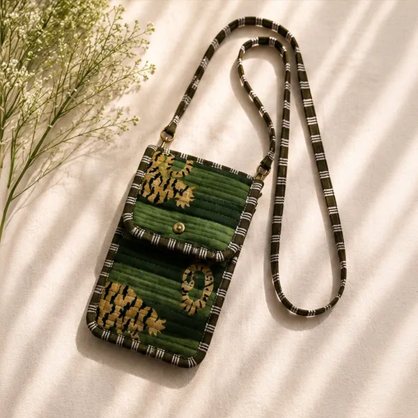 Hara_Bagh_Tiger_Phone_Sling_Bag_Moss_Green_Quilted_Cotton_Mobile_Crossbody_With_Mustard_Tiger_Block_Print_House_Of_Virasaat