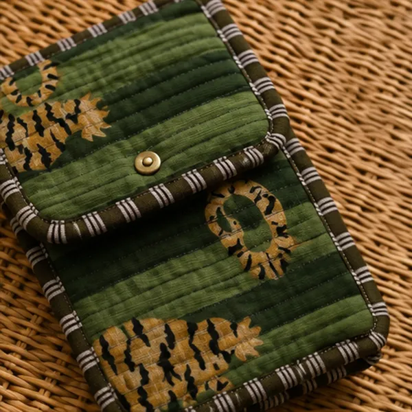 Hara_Bagh_Tiger_Phone_Sling_Bag_Moss_Green_Quilted_Cotton_Mobile_Crossbody_With_Mustard_Tiger_Block_Print_House_Of_Virasaat