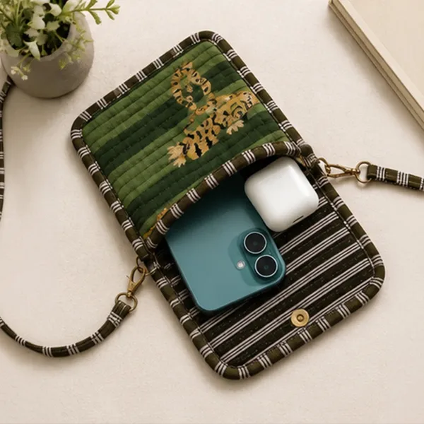 Hara_Bagh_Tiger_Phone_Sling_Bag_Moss_Green_Quilted_Cotton_Mobile_Crossbody_With_Mustard_Tiger_Block_Print_House_Of_Virasaat