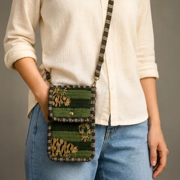 Hara_Bagh_Tiger_Phone_Sling_Bag_Moss_Green_Quilted_Cotton_Mobile_Crossbody_With_Mustard_Tiger_Block_Print_House_Of_Virasaat