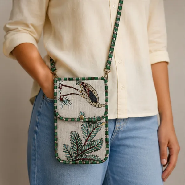 Saras_Phone_Sling_Bag_Off_White_Quilted_Cotton_Mobile_Sling_With_Teal_Palm_Stork_Motif_Green_Stripe_Piping_House_Of_Virasaat