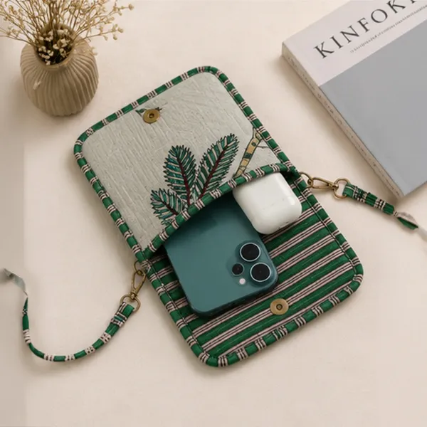 Saras_Phone_Sling_Bag_Off_White_Quilted_Cotton_Mobile_Sling_With_Teal_Palm_Stork_Motif_Green_Stripe_Piping_House_Of_Virasaat