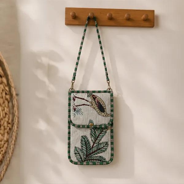 Saras_Phone_Sling_Bag_Off_White_Quilted_Cotton_Mobile_Sling_With_Teal_Palm_Stork_Motif_Green_Stripe_Piping_House_Of_Virasaat