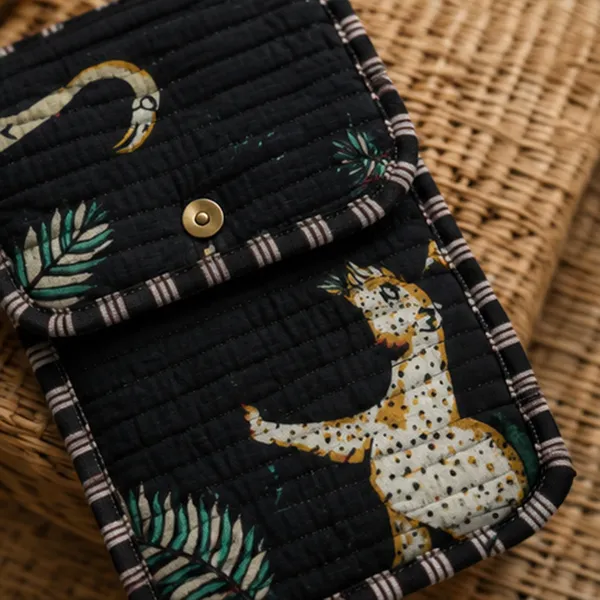 Noir_Jungle_Phone_Sling_Bag_Black_Quilted_Cotton_Mobile_Crossbody_With_Leopard_Teal_Leaf_Print_House_Of_Virasaat