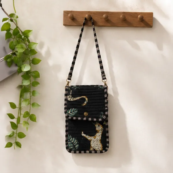 Noir_Jungle_Phone_Sling_Bag_Black_Quilted_Cotton_Mobile_Crossbody_With_Leopard_Teal_Leaf_Print_House_Of_Virasaat