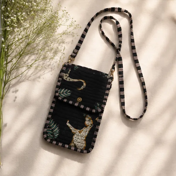 Noir_Jungle_Phone_Sling_Bag_Black_Quilted_Cotton_Mobile_Crossbody_With_Leopard_Teal_Leaf_Print_House_Of_Virasaat