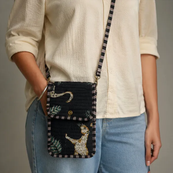 Noir_Jungle_Phone_Sling_Bag_Black_Quilted_Cotton_Mobile_Crossbody_With_Leopard_Teal_Leaf_Print_House_Of_Virasaat