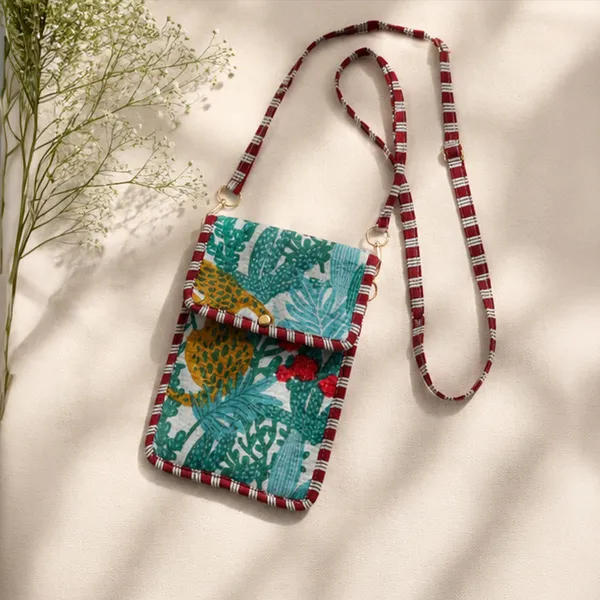 Jungle_Billi_Phone_Sling_Bag_White_With_Tropical_Teal_Cactus_Mustard_Leopard_Red_Stripe_Piping_House_Of_Virasaat