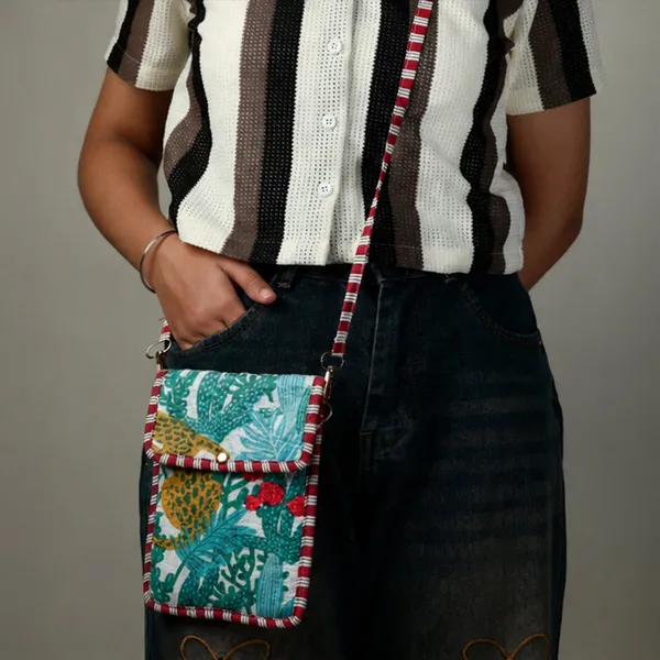 Jungle_Billi_Phone_Sling_Bag_White_With_Tropical_Teal_Cactus_Mustard_Leopard_Red_Stripe_Piping_House_Of_Virasaat