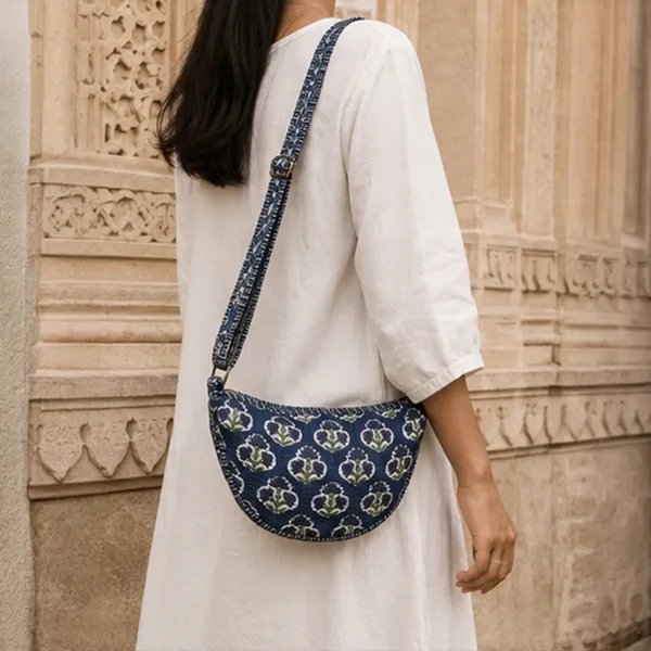 Neel_Buta_Crescent_Sling_Bag_Midnight_Indigo_Quilted_Cotton_Crossbody_With_Lavender_Blue_Mughal_Boota_House_Of_Virasaat