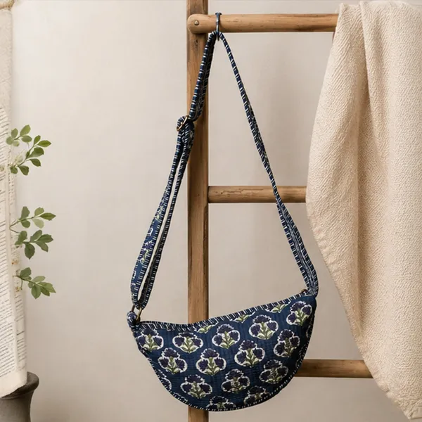 Neel_Buta_Crescent_Sling_Bag_Midnight_Indigo_Quilted_Cotton_Crossbody_With_Lavender_Blue_Mughal_Boota_House_Of_Virasaat