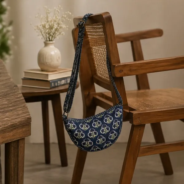 Neel_Buta_Crescent_Sling_Bag_Midnight_Indigo_Quilted_Cotton_Crossbody_With_Lavender_Blue_Mughal_Boota_House_Of_Virasaat