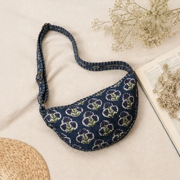Neel_Buta_Crescent_Sling_Bag_Midnight_Indigo_Quilted_Cotton_Crossbody_With_Lavender_Blue_Mughal_Boota_House_Of_Virasaat