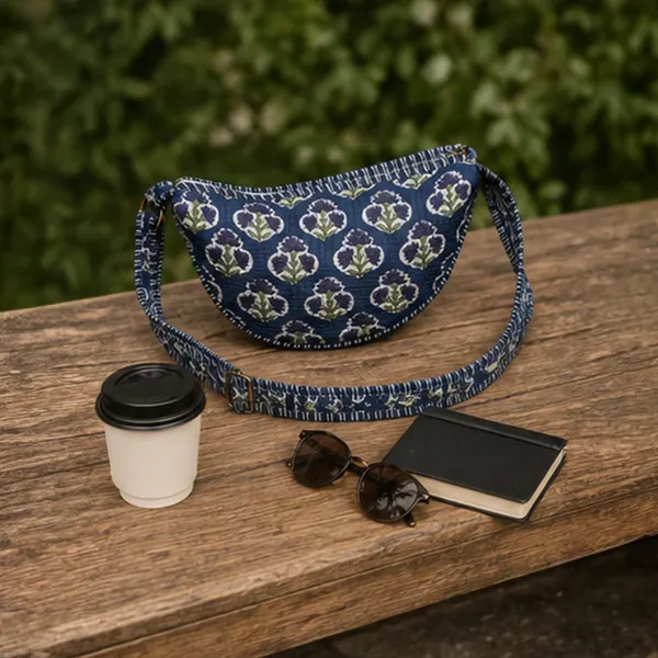 Neel_Buta_Crescent_Sling_Bag_Midnight_Indigo_Quilted_Cotton_Crossbody_With_Lavender_Blue_Mughal_Boota_House_Of_Virasaat