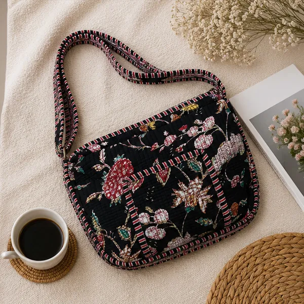 Raat_Rani_Quilted_Sling_Bag_Black_Cotton_Crossbody_With_Red_Pink_Ivory_Chintz_Floral_Jaal_House_Of_Virasaat